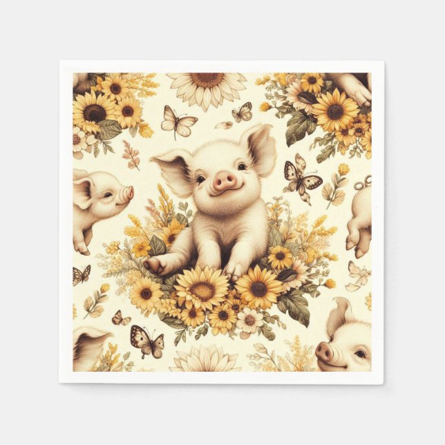 Cute Vintage Sunflower Pig Pattern Napkins (Front)