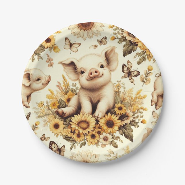 Cute Vintage Sunflower Pig Pattern Paper Plates (Front)