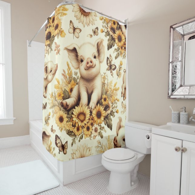 Cute Vintage Sunflower Pig Pattern Shower Curtain (In Situ)
