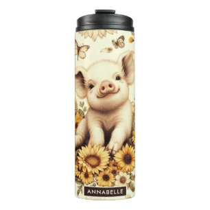 Cute Vintage Sunflower Pig Pattern Thermal Tumbler