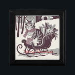 cute vintage tabby cat christmas card gift box<br><div class="desc">A snowy outdoor scene featuring a cheerful tabby cat wearing a scarf and tiny mittens,  perched by a vintage sleigh filled with presents or holly. Soft pastel colors,  with sepia undertones,  can add a cute,  nostalgic touch.</div>