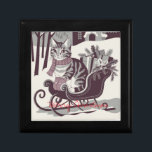 cute vintage tabby cat christmas card gift box<br><div class="desc">A snowy outdoor scene featuring a cheerful tabby cat wearing a scarf and tiny mittens,  perched by a vintage sleigh filled with presents or holly. Soft pastel colors,  with sepia undertones,  can add a cute,  nostalgic touch.</div>