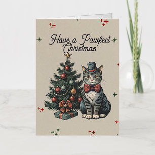 Cute vintage tabby Cat Christmas Thank you Foil Greeting Card