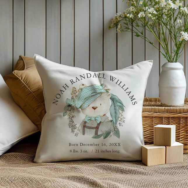 Cute Vintage Teddy Bear Boy Birth Stats Throw Pillow (Personalize the baby's name and birth stats.)