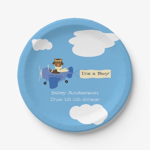 Cute Vintage Teddy Bear Pilot Boy Baby Shower Paper Plates