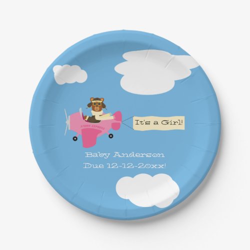 Cute Vintage Teddy Bear Pilot Girl Babyshower Paper Plates