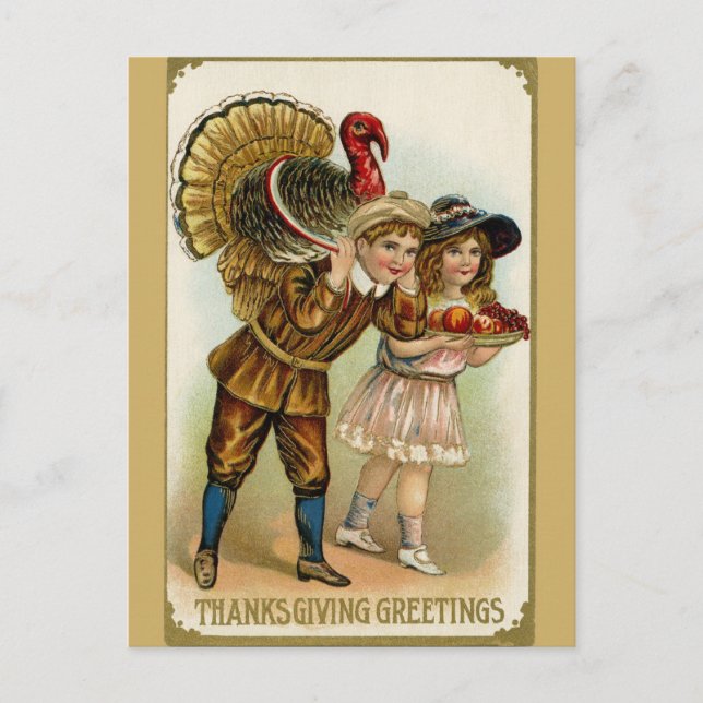 Cute Vintage Thanksgiving Greetings Turkey Postcard (Front)