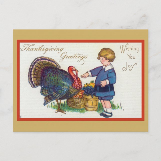 Cute Vintage Thanksgiving Greetings Turkey Postcard (Front)