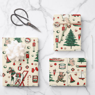 Cute Vintage Toys Christmas Tree Horse Wrapping Paper Sheets