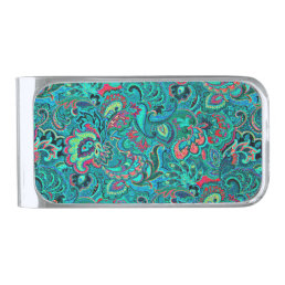 Cute vintage turquoise floral silver finish money clip