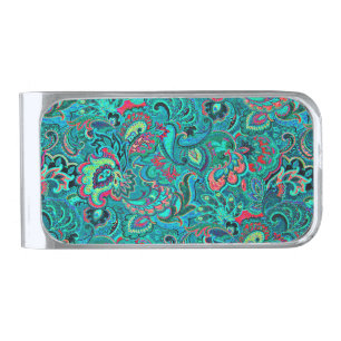 Cute vintage turquoise floral silver finish money clip