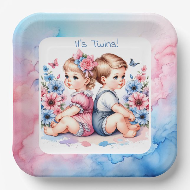 Cute Vintage Twins | Boy and Girl Paper Plates (Front)