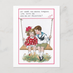 Cute Vintage Valentine Children on Swing Holiday Postcard