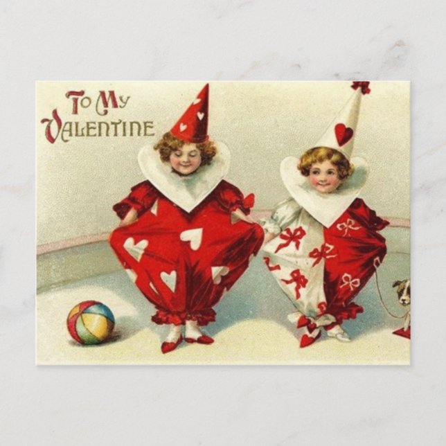 Cute vintage Valentine clowns Holiday Postcard (Front)