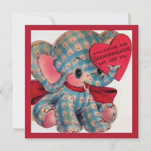 Cute Vintage Valentine Granddaughter Elephant Note Card
