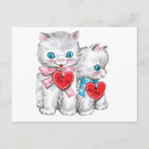 Cute Vintage Valentine White Cats Holiday Postcard