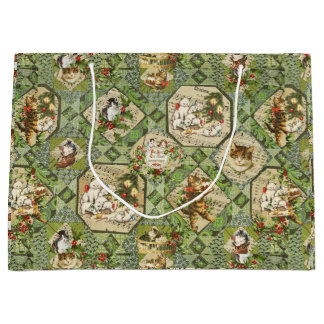 Cute Vintage Victorian Christmas Cats Large Gift Bag