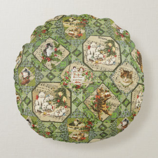 Cute Vintage Victorian Christmas Cats Round Pillow
