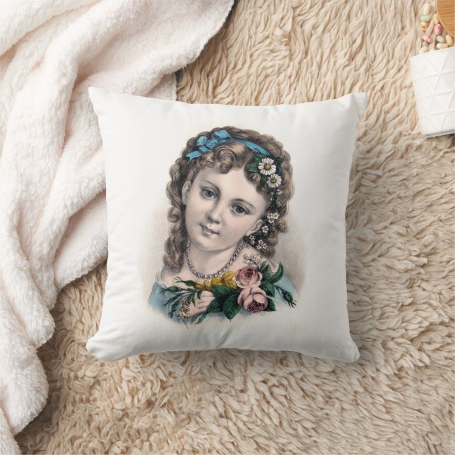 Cute Vintage Victorian Flower Girl Throw Pillow (Blanket)