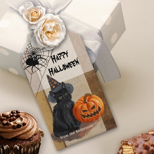 Cute Vintage Watercolor Cat Halloween Gift Tag