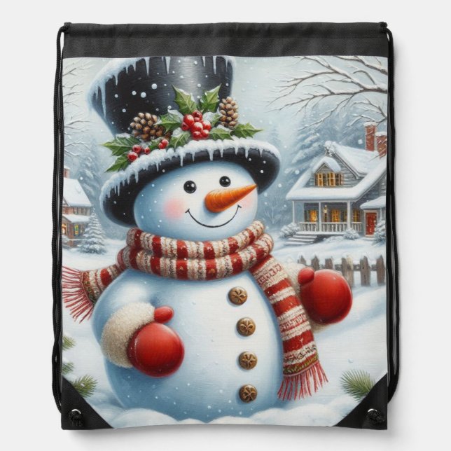 Cute, Vintage/Whimsical Christmas/winter snowman Drawstring Bag (Front)