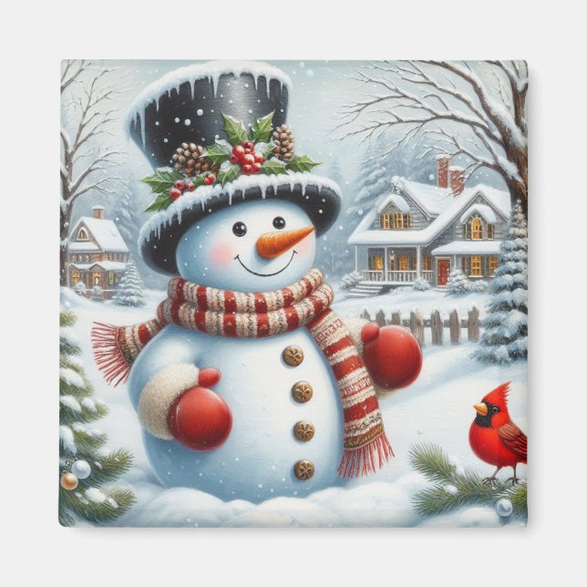 Cute, Vintage/Whimsical Christmas/winter snowman Magnet (Front)