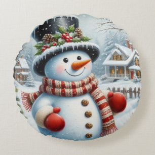 Cute, Vintage/Whimsical Christmas/winter snowman Round Pillow
