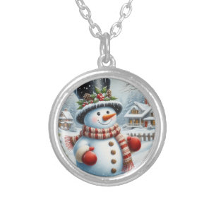 Cute, Vintage/Whimsical Christmas/winter snowman Silver Plated Necklace