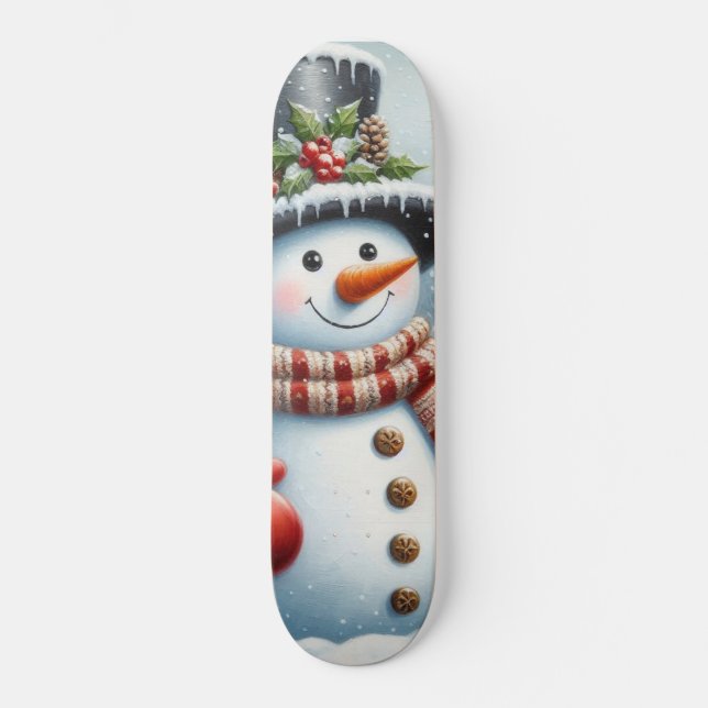 Cute, Vintage/Whimsical Christmas/winter snowman Skateboard (Front)