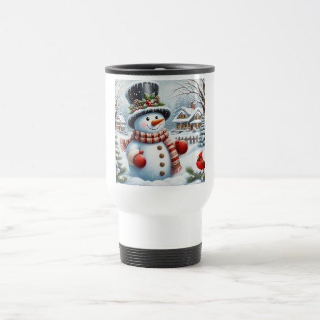 Cute, Vintage/Whimsical Christmas/winter snowman Travel Mug (Center)