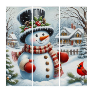 Cute, Vintage/Whimsical Christmas/winter snowman Triptych