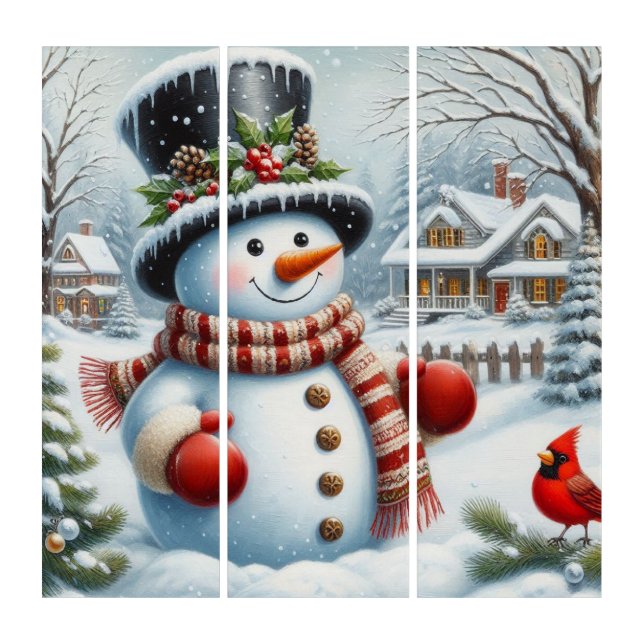 Cute, Vintage/Whimsical Christmas/winter snowman Triptych (Front)