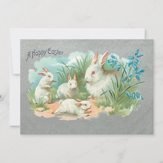 Cute Vintage White Easter Bunnies Holiday Card (Front)