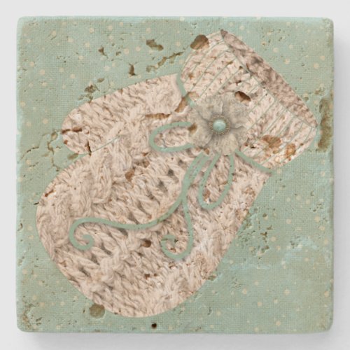 Cute vintage winter rustic knit mitten snowflake stone coaster