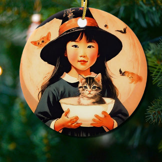 Cute vintage witch - Asian child Ceramic Ornament