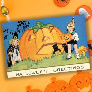 Cute Vintage Witch & Jack-O-Lantern Halloween Card