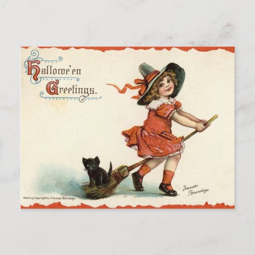 Cute Vintage Witch on Broom Halloween Postcard