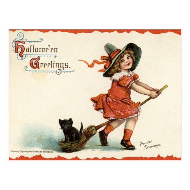 Cute Vintage Witch On Broom Halloween Postcard