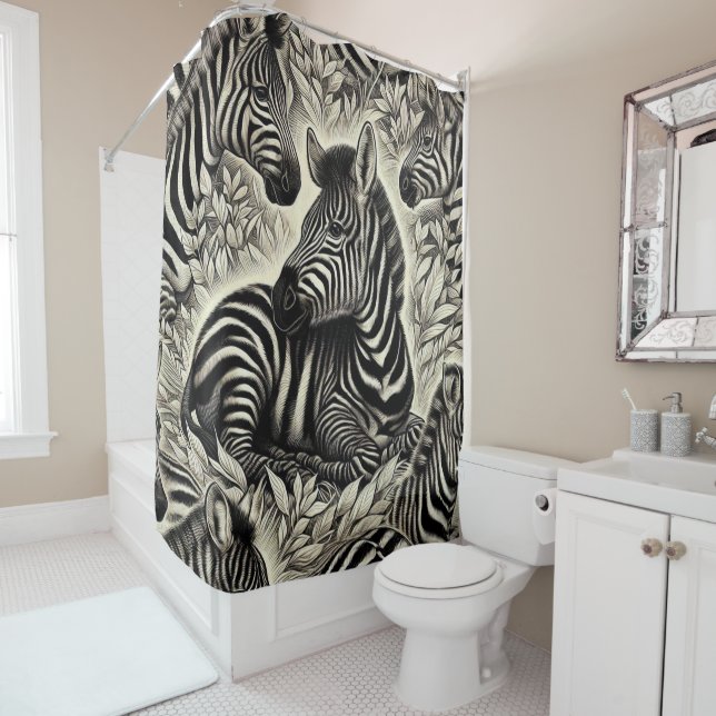 Cute Vintage Zebra Pattern Shower Curtain (In Situ)