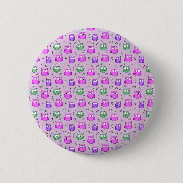 Cute Violet Owl Pattern Button (Front)