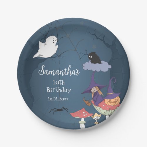 Cute Violet Witch Halloween Birthday Party Paper Plates