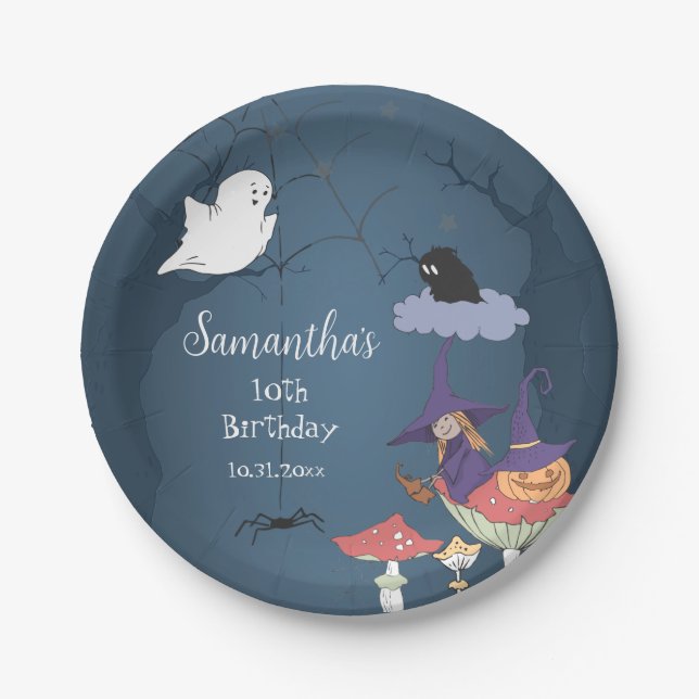 Cute Violet Witch Halloween Birthday Party Paper Plates (Front)