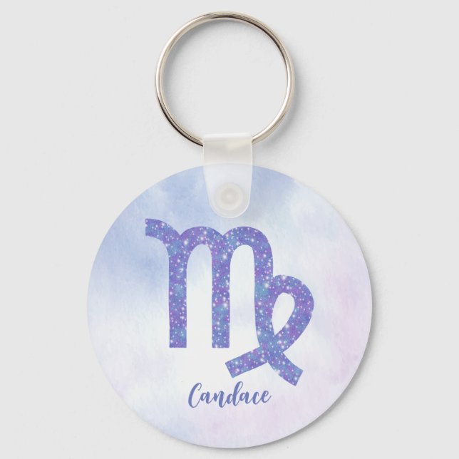 Cute Virgo Astrology Sign Personalized Purple Keychain (Front)