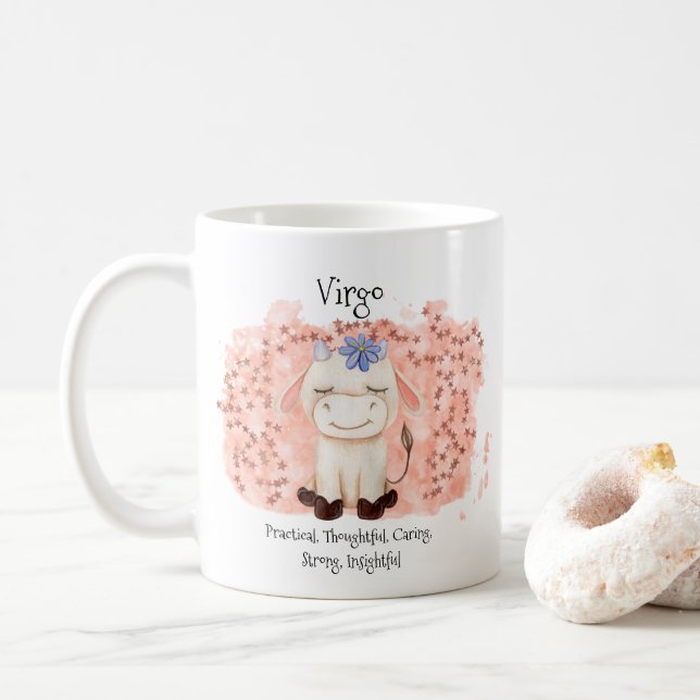 Cute Virgo Maiden Watercolor Bull Zodiac Monogram Coffee Mug (With Donut)