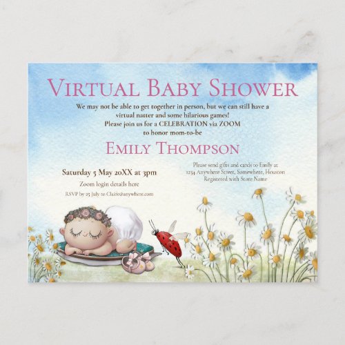 Cute Virtual Baby Girl Shower Daisies Ladybird Invitation Postcard