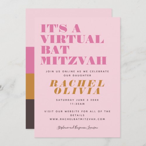 Cute Virtual Online Pink Yellow Bat Mitzvah  Invitation