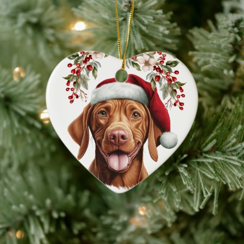 Cute Vizsla Dog Holly Berry Christmas Ceramic Ornament