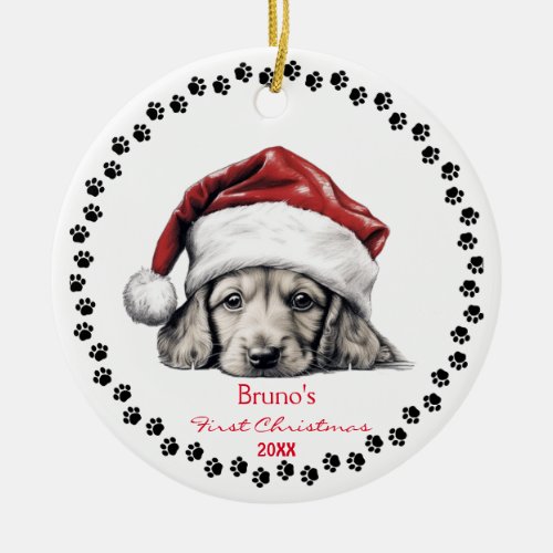 Cute Vizsla Dog Santa Hat Paw Pencil Art Custom Ceramic Ornament