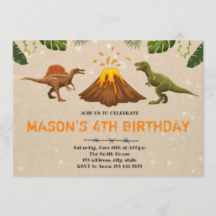 Cute volcano dinosaur party invitation