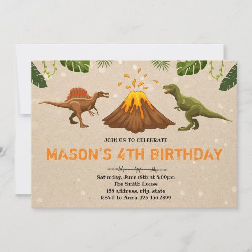 Cute volcano dinosaur party invitation